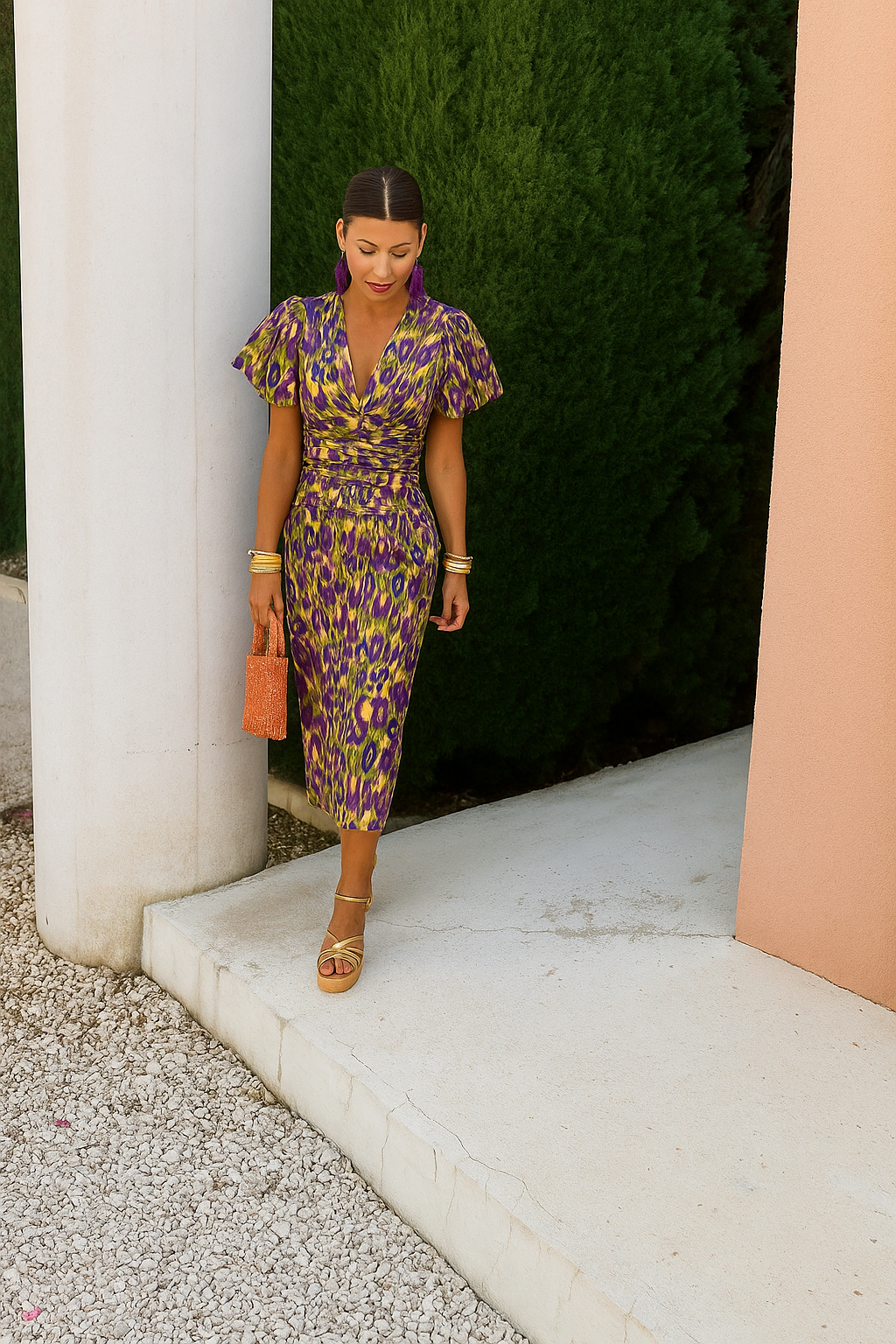 Arielle | Colourful Midi Dress with Pleated Sleeves